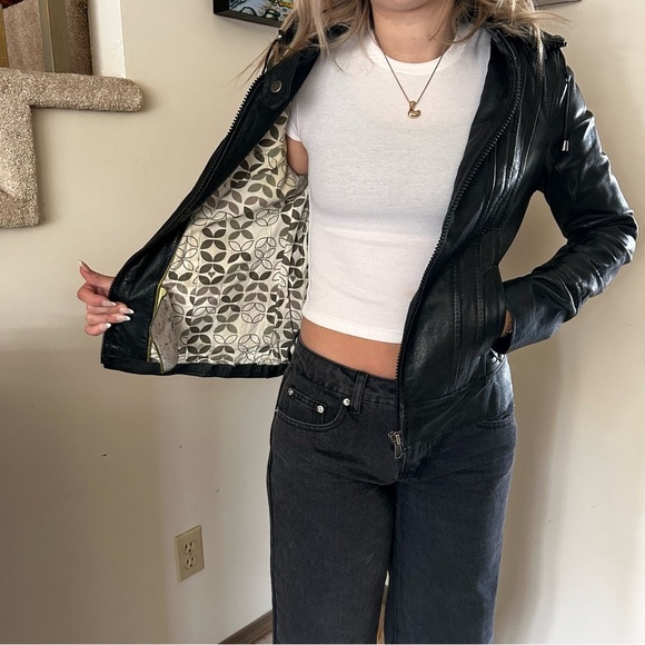 Soia & Kyo Hooded Black Leather Zip Motorcycle Jacket Women's Size X Small - Picture 13 of 15